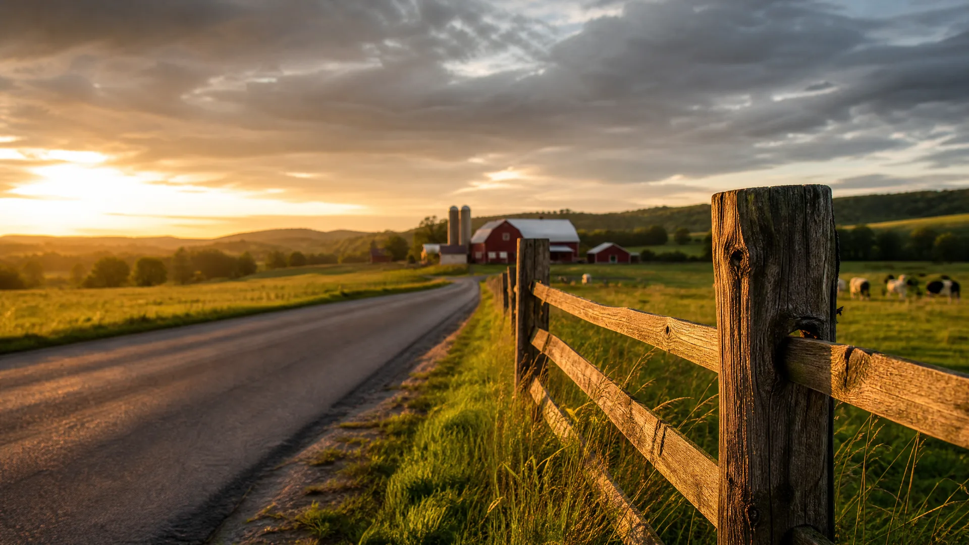 A paved rural road curves past a weathered wooden post-and-rail fence toward a red barn and two silos at sunset, with cattle grazing in a grassy field and low hills on the horizon.