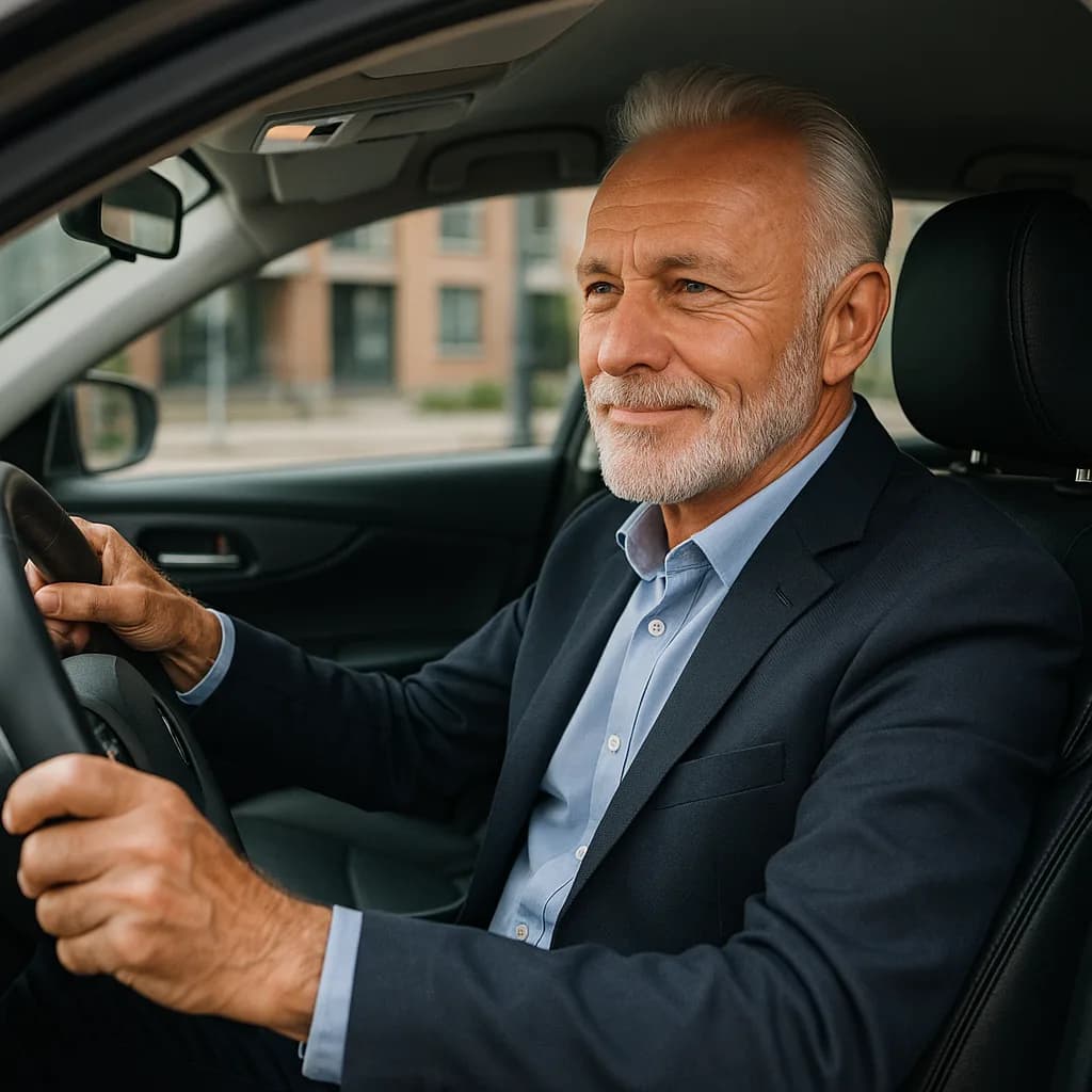 Mature businessman in suit sitting in car driver's seat holding steering wheel