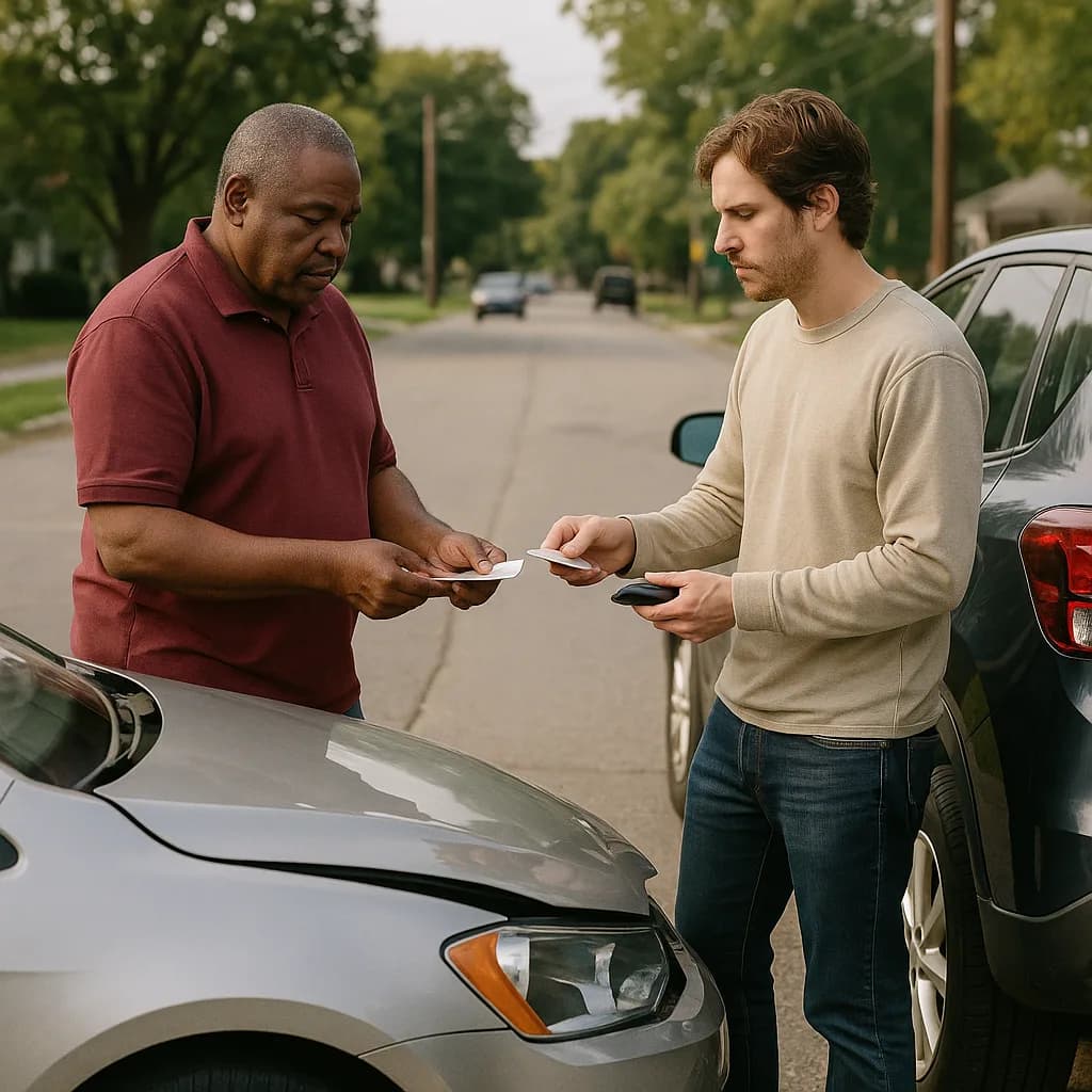 Two men exchanging insurance information between cars on residential street after minor accident